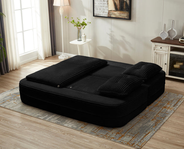 English Elm Multi Purpose Corduroy Sectional with Chaise Converts to King Floor Bed Deep Seat Black W3219S00007