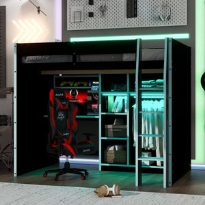 English Elm Full Size Loft Bed with Rgb Lighting Desk Open Wardrobe and Storage for Gaming Rooms Blue LT000277AAC