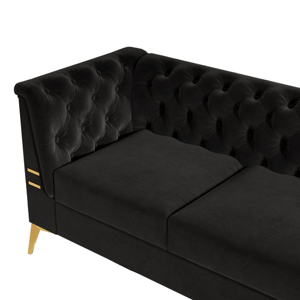English Elm FX-P83-BK2(SOFA Luxurious Black Velvet 3-Seat Chesterfield Couch with Gold Legs, Tufted, Removable Cushions W576S00077