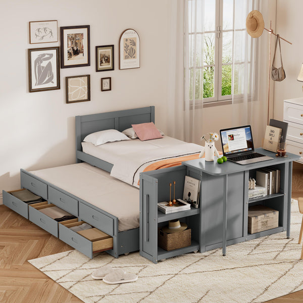 English Elm Twin Multifunctional Wood Platform Bed with Built-In Desk, Trundle & 3 Drawers for Small Spaces Gray 44.3 L x 23.1 W x 9 H N733S212832E