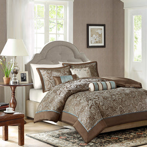English Elm King/Cal Elegant 6-Piece Jacquard Duvet Cover Set with Brushed Reverse, Piped Shams & Pillows B03597311