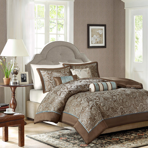 English Elm King/Cal Elegant 6-Piece Jacquard Duvet Cover Set with Brushed Reverse, Piped Shams & Pillows B03597311