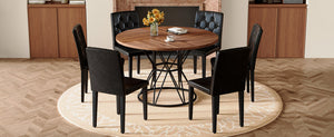 English Elm Table and Chair Set 7 Piece Round Walnut Mdf Industrial Dining with Pu Seats W1151S04848
