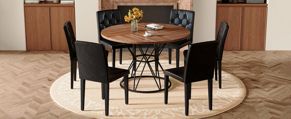 English Elm Table and Chair Set 7 Piece Round Walnut Mdf Industrial Dining with Pu Seats W1151S04848