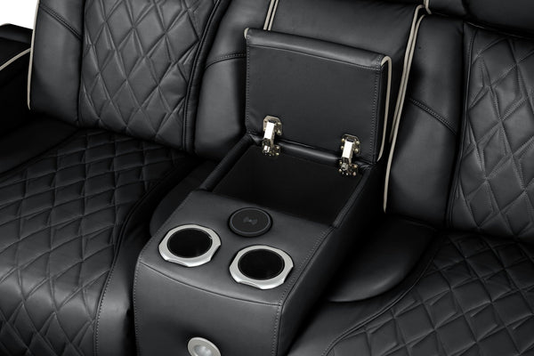 English Elm Fortuner Power Recliner 2PC Set in Black — Faux Leather, LED Lighting, Massage, Bluetooth Speakers, USB Charging B009S01799