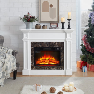 English Elm Electric Fireplace Mantel with Stacked Stone Surround Led Flame and Remote Heater White W2275S00047