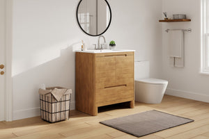 English Elm [video] 30 Inch Freestanding Bathroom Vanity Pine Legs Ceramic Sink Soft Close Storage Natural N759P412928N