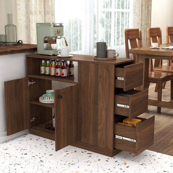 English Elm Kitchen Small Sideboard Countertop Organizer with Sliding Glass Doors, 3 Drawers & Display Shelf, Modern Storage Cabinet W331P289098