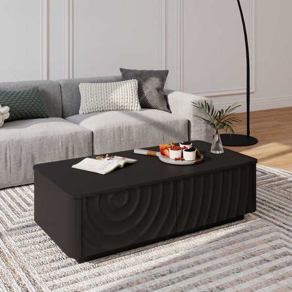 English Elm 47'' Spiral Grain Coffee Table Two Drawer Storage Mid Century Farmhouse Living Room Black W2263P412382