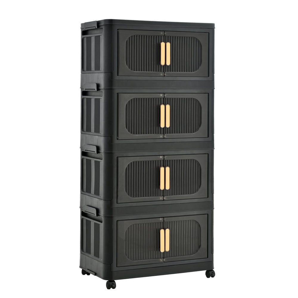 English Elm Black,20" Versatile Folding Storage Cabinet With 4 Tiers, Magnetic Door, Wheels & Space-Saving Design W2873P239384
