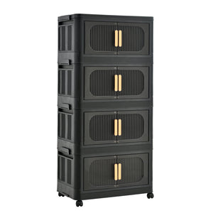 English Elm Black,20" Versatile Folding Storage Cabinet With 4 Tiers, Magnetic Door, Wheels & Space-Saving Design W2873P239384