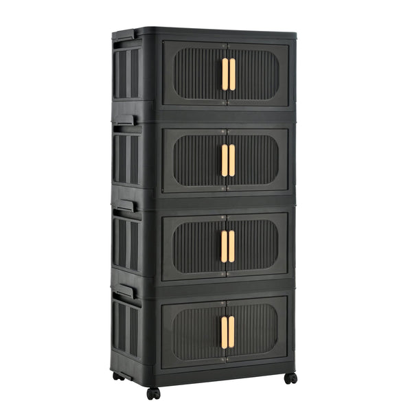 English Elm Black,20" Versatile Folding Storage Cabinet With 4 Tiers, Magnetic Door, Wheels & Space-Saving Design W2873P239384