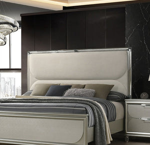 English Elm Glamorous Luxury Fabric Upholstered Queen Bed with LED Headboard, Embossed Panels & 2 Nightstands Set Silver 33 L x 21 W x 28 H B2741S00359