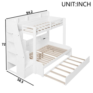 English Elm Twin Over Full Bunk Bed with Stair Drawers Shelves Led Lighting and Usb Port White N7090005013K