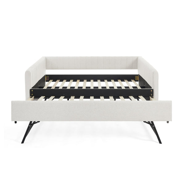 English Elm Full Size Daybed With Trundle, Elegant Beige Linen Sofa Bed, Vertical Stripes, Perfect For Guests! W1413S00091