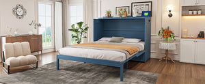 English Elm Queen Murphy Wall Bed Cabinet with Storage Drawer Built-in Power Outlets Usb Ports Navy Blue LP000400AAC-1