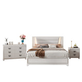 English Elm 3-Pieces Bedroom Sets Queen Size Upholstered Bed With Led Lights, Nightstands and Dresser With Metal Handles and Sparkling Shiny Decoration, White