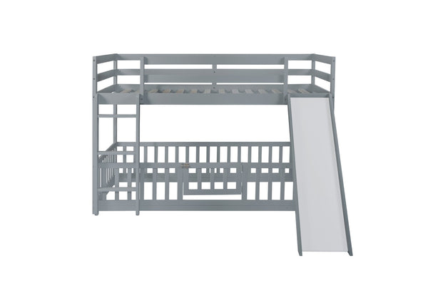 English Elm Twin Over Twin Floor Bunk Bed With Slide, Ladder, Safety Guardrails - Charming Grey Pine Wood Design W504S00189-GIGA