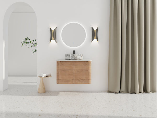 English Elm 30'' Wall-Mounted Bathroom Vanity With Elegant Ceramic Art Sink, Soft-Close Doors & Space-Saving Design W999S00390