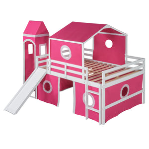 English Elm Full Size Kids Castle Loft Bed with Slide Tent and Tower Pinewood Play Structure LT000771AAH-1
