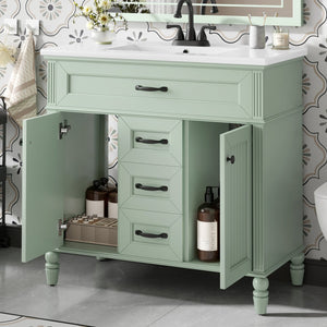 English Elm 36 Inch Bathroom Vanity with Ceramic Sink, Durable MDF & Solid Wood Frame, Soft-Close Doors, Luxe Handles, Ample Organized Storage, Modern Freestanding Design Green N725P314034F