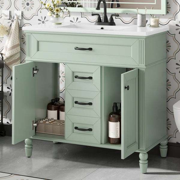 English Elm 36 Inch Bathroom Vanity with Ceramic Sink, Durable MDF & Solid Wood Frame, Soft-Close Doors, Luxe Handles, Ample Organized Storage, Modern Freestanding Design Green N725P314034F