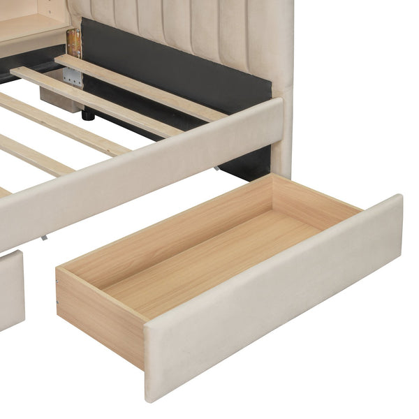 English Elm Twin Upholstered Daybed with Velvet Finish, High Back Shelves, Flip Cabinets, Drawers & Side Table Beige SF000196AAA