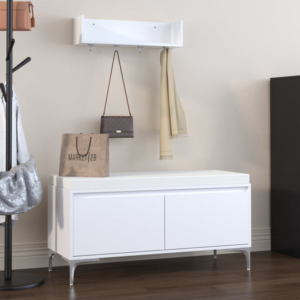 English Elm Wall-Mounted Entryway Shelf Bench with Hooks, Padded Cushion & Closed Shoe Cabinet for Hallway W808P316356