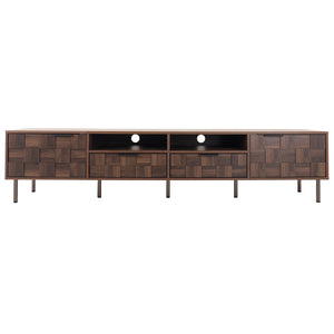 English Elm Mid retro TV Stand for TVs up to 85" — Medieval-inspired media console with 2 drawers, 4 cabinets, cable management Dark Brown N710P193724Q