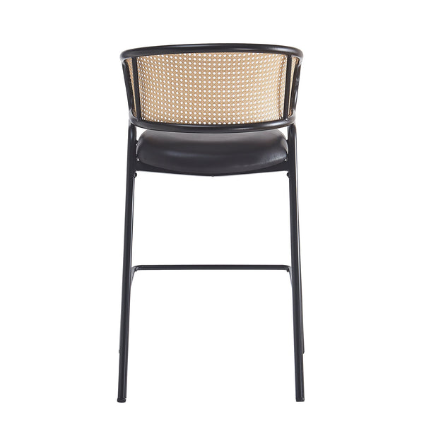 English Elm Christopher Knight Home® - Ethan Metal Upholstered Barstool Set of 2 — Faux Leather Cushions, Woven Rattan Back, Sleek Black Frame N775P290455B