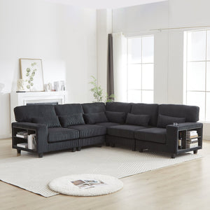 English Elm 102.75*102.75" L-Shaped Modular Sectional Sofa with Corduroy Upholstery, Storage Arm, Cup Holder, 5-Seat Convertible Lounge Black W1926S00052