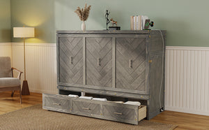 English Elm Queen Murphy Cabinet Bed Pine Wood Geometric Panel Antique Grey with Usb Charging W504S00302