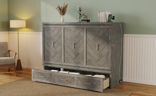 English Elm Queen Murphy Cabinet Bed Pine Wood Geometric Panel Antique Grey with Usb Charging W504S00302