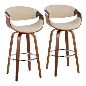 English Elm 30" Mid-century Swivel Barstool Walnut Bentwood Frame Woven Upholstered Seat Set of 2 Cream B202S00520