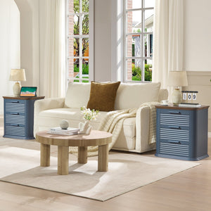 English Elm 22" Fluted Wood Nightstand with Built-in Charging Station Three Drawer Bedside Storage Navy Blue T5326P431149