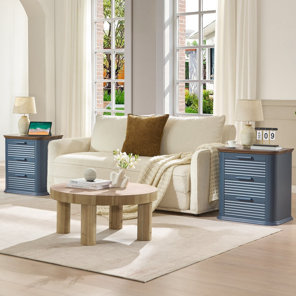 English Elm 22" Fluted Wood Nightstand with Built-in Charging Station Three Drawer Bedside Storage Navy Blue T5326P431149