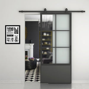 English Elm 30 in Matte Black Steel Sliding Barn Door Frosted Glass Privacy Panel with Hardware B2763P483215