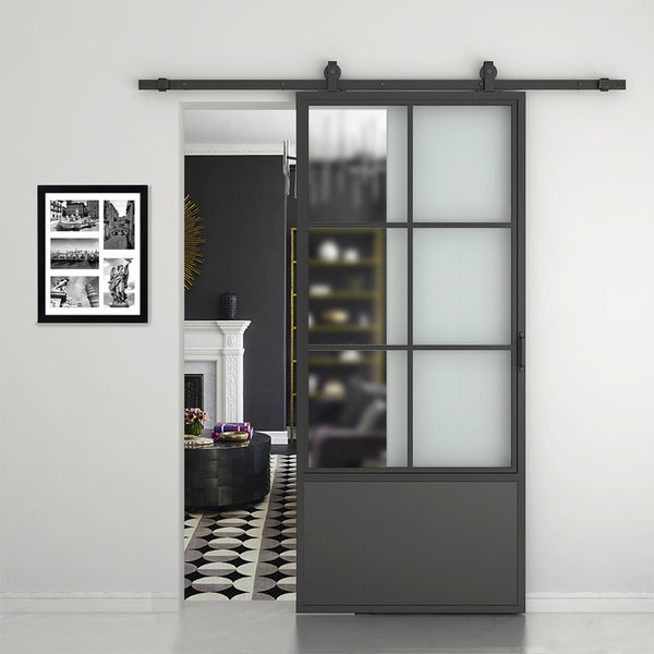 English Elm 30 in Matte Black Steel Sliding Barn Door Frosted Glass Privacy Panel with Hardware B2763P483192