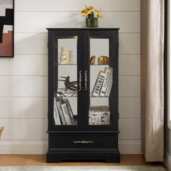 English Elm Lighted Curio Cabinet With Adjustable Shelves & Built-In Drawer - Elegant Display With Lighting, Black W1758P297549