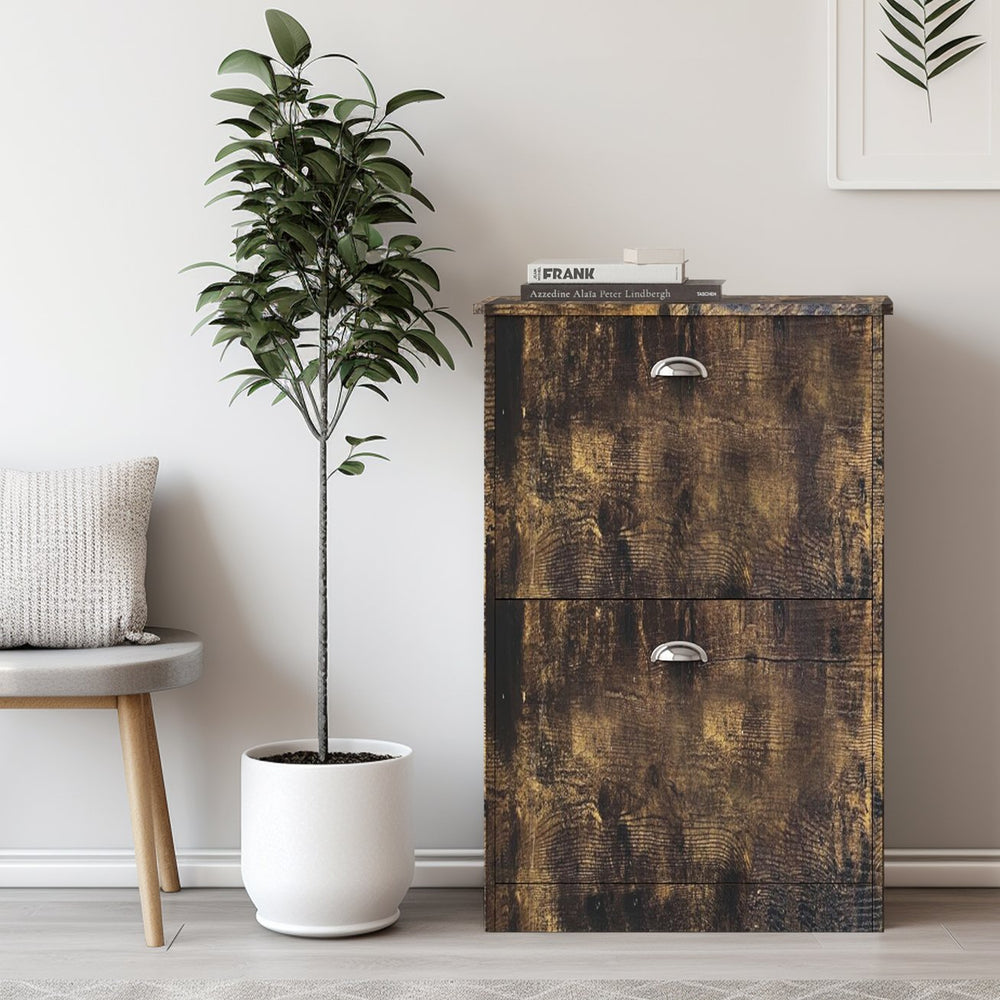 English Elm Shoe Cabinet Vintage Slim Flip-Top Shoe Rack with 2 Adjustable Shelves, Anti-Tip, Entryway Storage W2386P214943