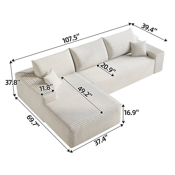 English Elm 107" Cloud Sectional Couch - Modern L-Shape Sofa In Plush Corduroy, No Assembly, Deep Seating Comfort W2824S00113
