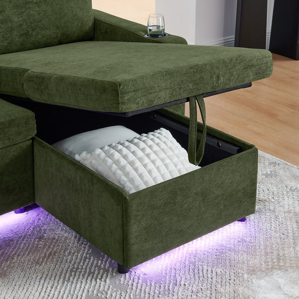 English Elm Modern Chenille Sofa Bed With Retractable Table, Led Lights, Usb Ports & Cup Holders – Green Comfort W1413S00097