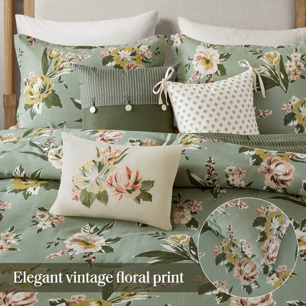 English Elm 7-piece King Reversible Floral Comforter Set Cotton Blend Slub Fabric Vintage Style B035P440213