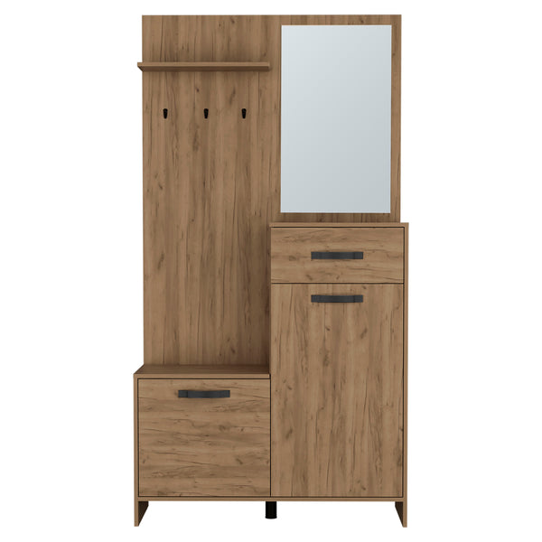 English Elm Parker 75" Tall Mirrored Hall Tree with Hangers, Shelves, Cabinets & Drawer—Oak Entryway Organizer B070P264147