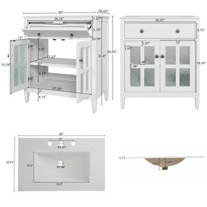 English Elm Christopher Knight Home® - 30" Bathroom Vanity with Ceramic Sink, Solid Wood Legs, Adjustable Shelf, Tip-Out Tray, Soft-Close Hinges, Silver Knobs, Moisture-Resistant Finish White N817P286250W