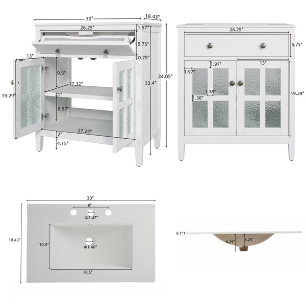 English Elm Christopher Knight Home® - 30" Bathroom Vanity with Ceramic Sink, Solid Wood Legs, Adjustable Shelf, Tip-Out Tray, Soft-Close Hinges, Silver Knobs, Moisture-Resistant Finish White N817P286250W