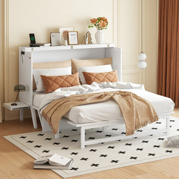 English Elm Queen Murphy Cabinet Bed Solid Pine Build with Usb Charging and Fold Out Desktop White W504S00168