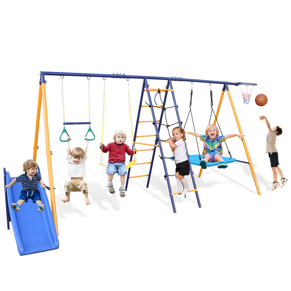 English Elm 500 Lb Outdoor Kids Swing Set with Slide Climbing Net Rings and Basketball Hoop W1408S00001