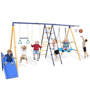 English Elm 500 Lb Outdoor Kids Swing Set with Slide Climbing Net Rings and Basketball Hoop W1408S00001