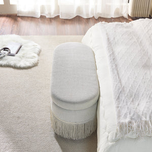 English Elm Oval Fringe Trim Upholstered Lift Top Storage Ottoman Stylish Footrest for Any Room Beige W5501P462403